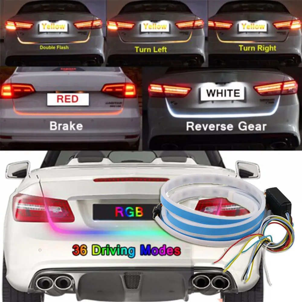 1.2m 12V 4 색 RGB 흐름 유형 LED 자동차 뒷문 스트립 방수 브레이크 운전 신호등 자동차 스타일링 고품질