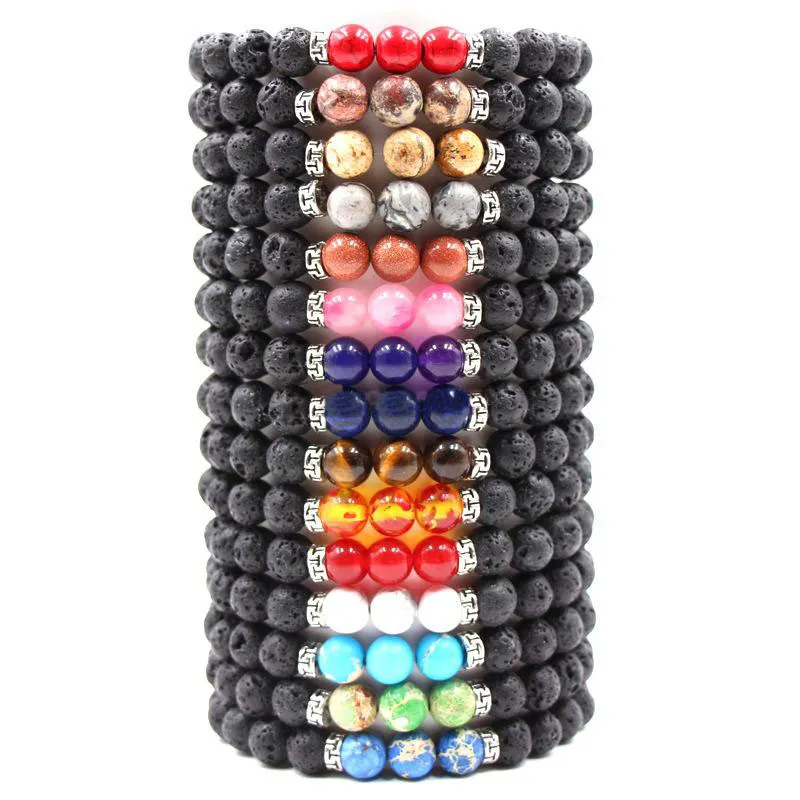 Divers Chakras naturels 8mm Bracelet de perles de pierre de lave noire bricolage diffuseur d'huile essentielle Bracelet d'équilibre Yoga Stretch hommes bijoux pour hommes