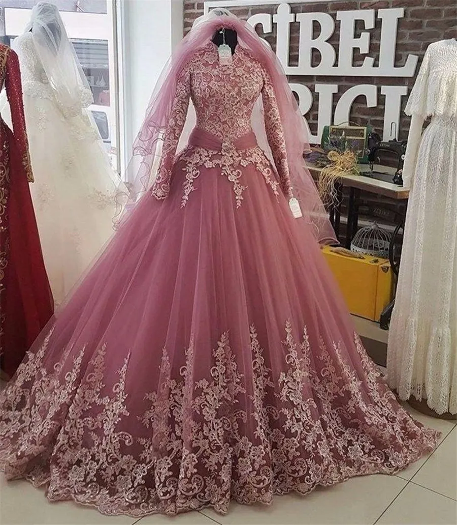 Abiti da sposa musulmani arabi sauditi Applicazioni in pizzo Collo alto Maniche lunghe Abiti da sposa Taglie forti Vestido Realizzato su misura