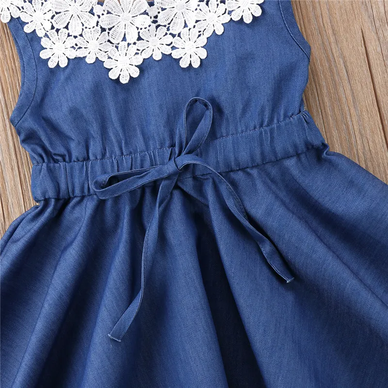 2018 New Girls Dresses Kids Clothing Baby Girl Summer Lace Flower Denim Dress Princess Party Pageant Baby Dress Children Sleeveless Sundress