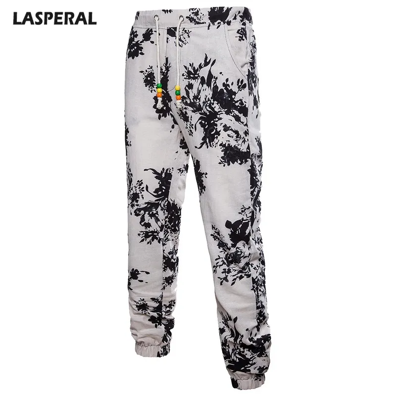 Casual Men byxor blommor tryck plus storlek linnan joggar hip hop street bär märke manliga sommar lösa byxor