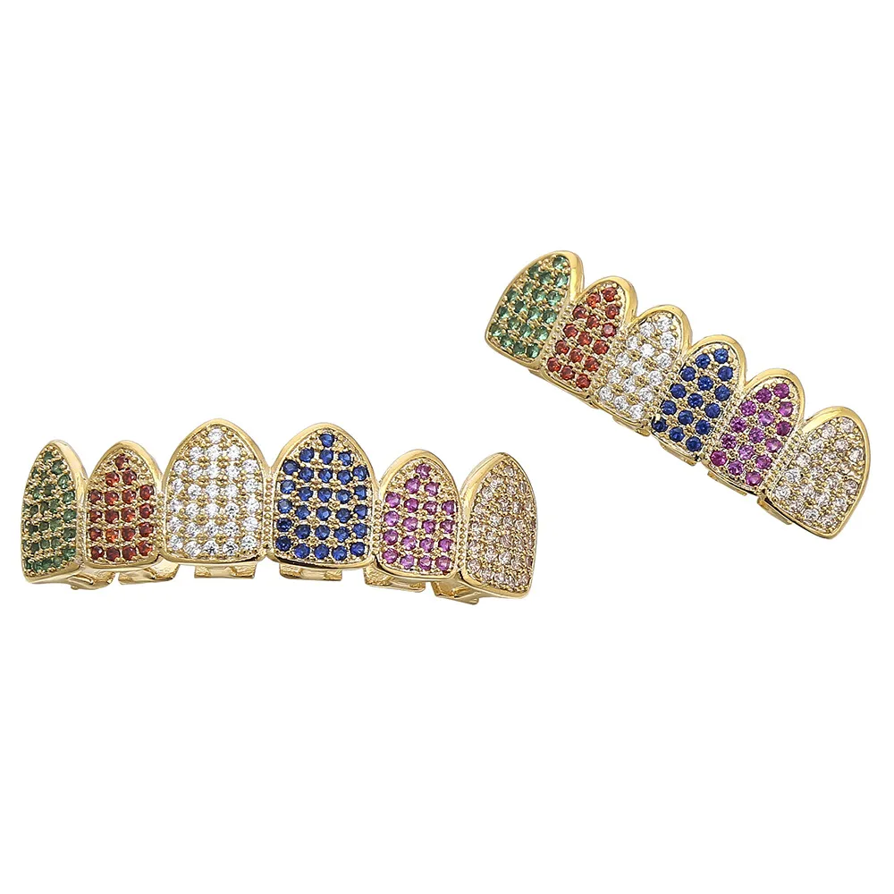 Dentes Hip Hop Grillz cor do ouro chapeado do arco-íris CZ Pedras Superior Inferior dentes Boca Grills Sets