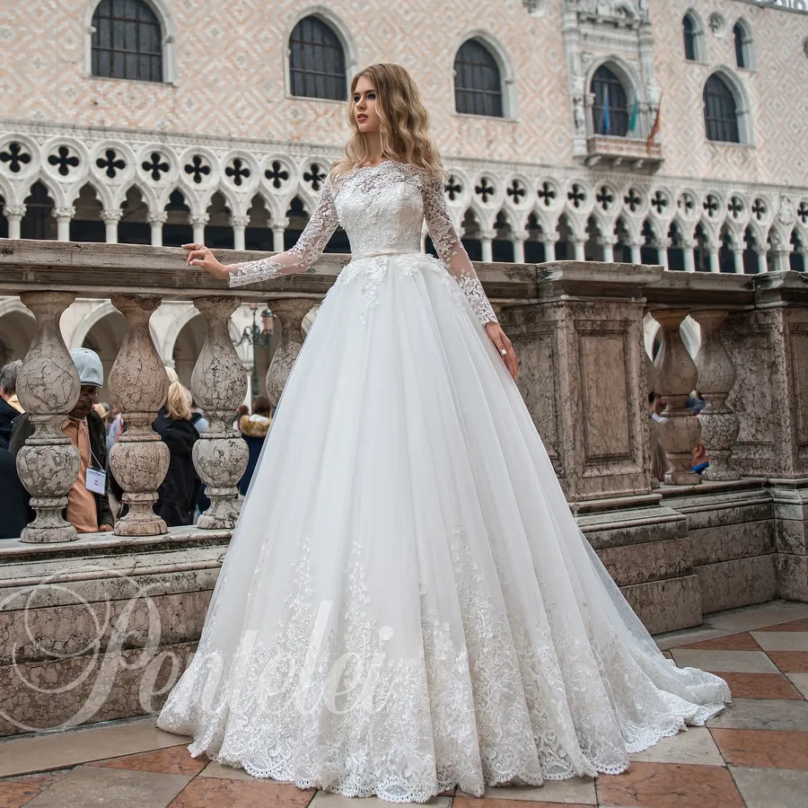Bateau от плеча свадебные платья с длинным рукавом кружева 3D цветы тюль платья свадебная молния с бутоном стиль 2210