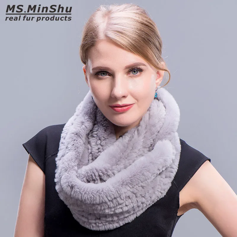 Genuine Rex Rabbit Fur Scarf Loop type Hand Knit Infinite Scarves Women Real Rabbit Fur Shawl Ms.MinShu