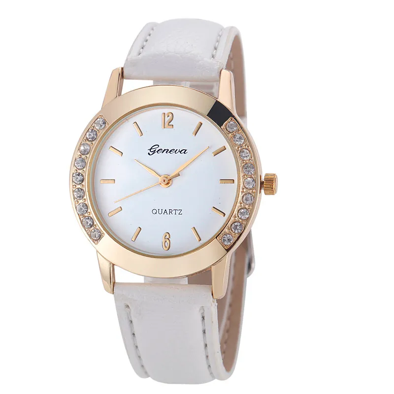 Women s White Leather Quartz Watch with Diamond Rhinestone Bezel Gold Case Fashion Casual Analog Wristwatch