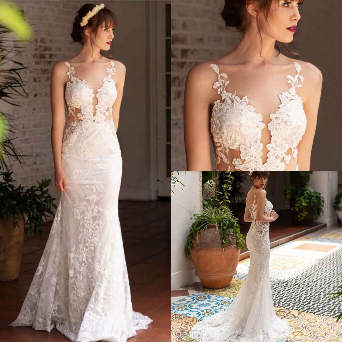 Naama Anat 2019 robes de mariée en dentelle pure cou appliques robe de mariée de style sirène charmante robes de mariée dos nu