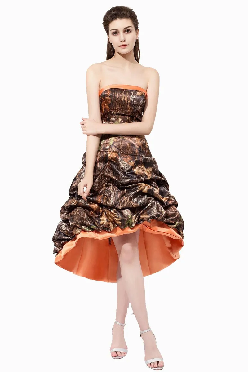 W magazynie 2018 Sexy Camo Bez ramiączek A-Line Prom Dresses z plisami Satin Hi-Lo Evening Formal Party Gown BP16