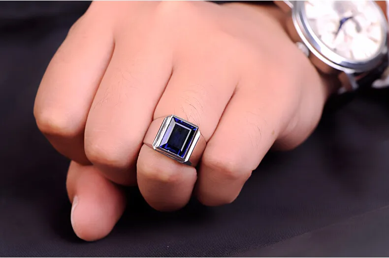 2016 Merk Mode Man Ring Prinses Cut 10CT Blauw CZ Geboortestones Ring 925 Sterling Silver Engagement Wedding Band Ring voor Mannen