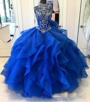 Crystal Beaded Bodice Corset Organza Ruffles Quinceanera Dress Ball Gowns Princess Prom Dresses High Neck Sweet 16 Party Gowns