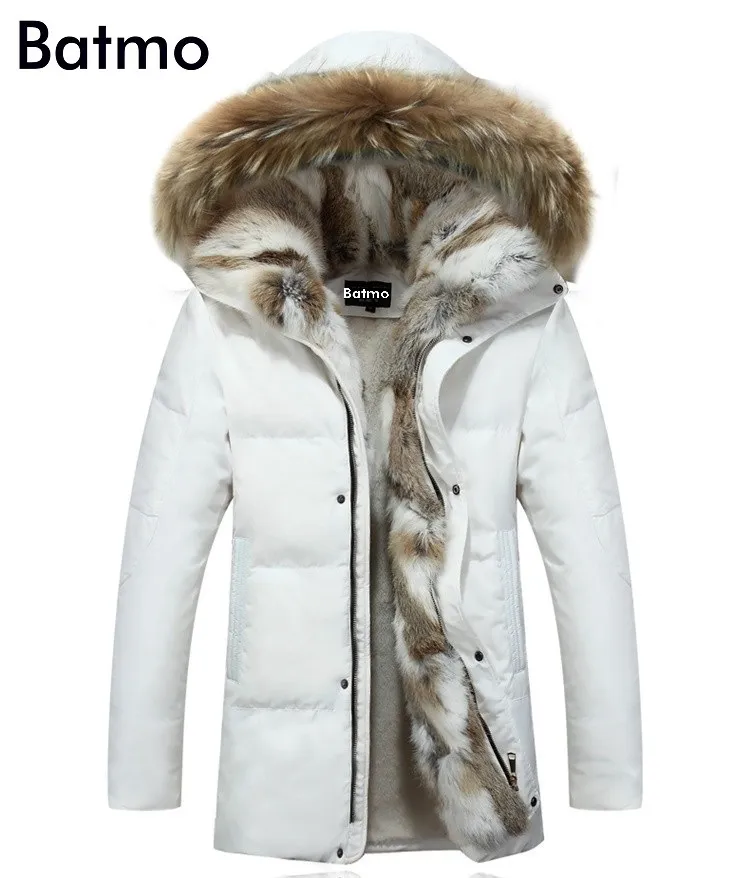 Batmo 2018 inverno piumino d'anatra bianca uomo cappotto parka fodera calda maschio vestiti caldi collo di pelliccia di coniglio di alta qualità, PLUS-SIZE L18101103