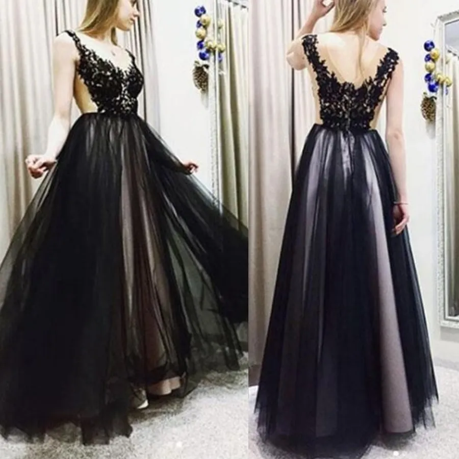 Tulle noir et appliques jolie longue robe de soirée noire formelle robe de bal trapèze robe de soirée longue en Tulle élégante