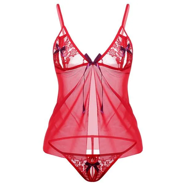 Sexy hete lingerie vrouwen kant mesh v-hals open front babydoll jurk sex lingerie + g-string set porno exotische kleding