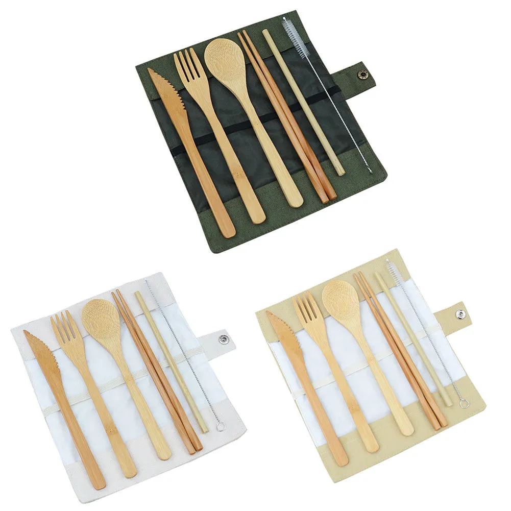 7pcs / set ensemble de vaisselle en bois cuillère à café en bambou fourchette couteau à soupe traiteur ensemble de couverts avec sac en tissu vaisselle portable de voyage en plein air