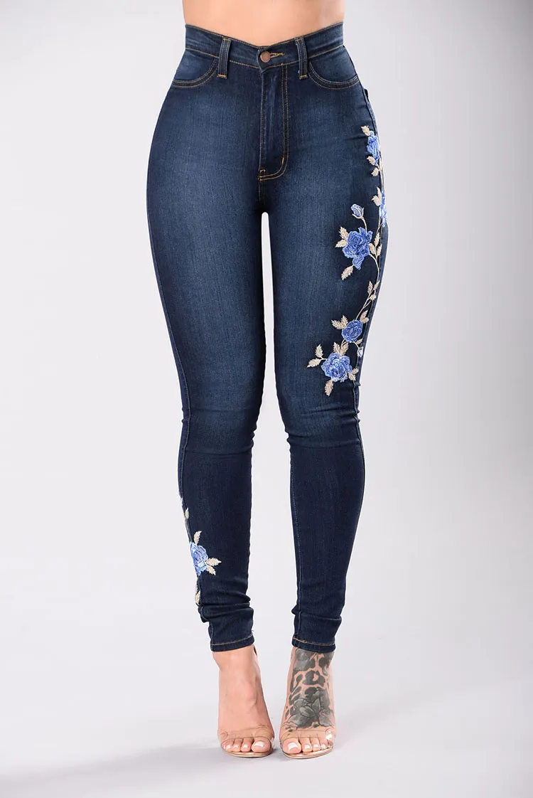 Nova moda jeans bordado floral cintura alta jeans skinny mulher calça slim plus size S-3xl