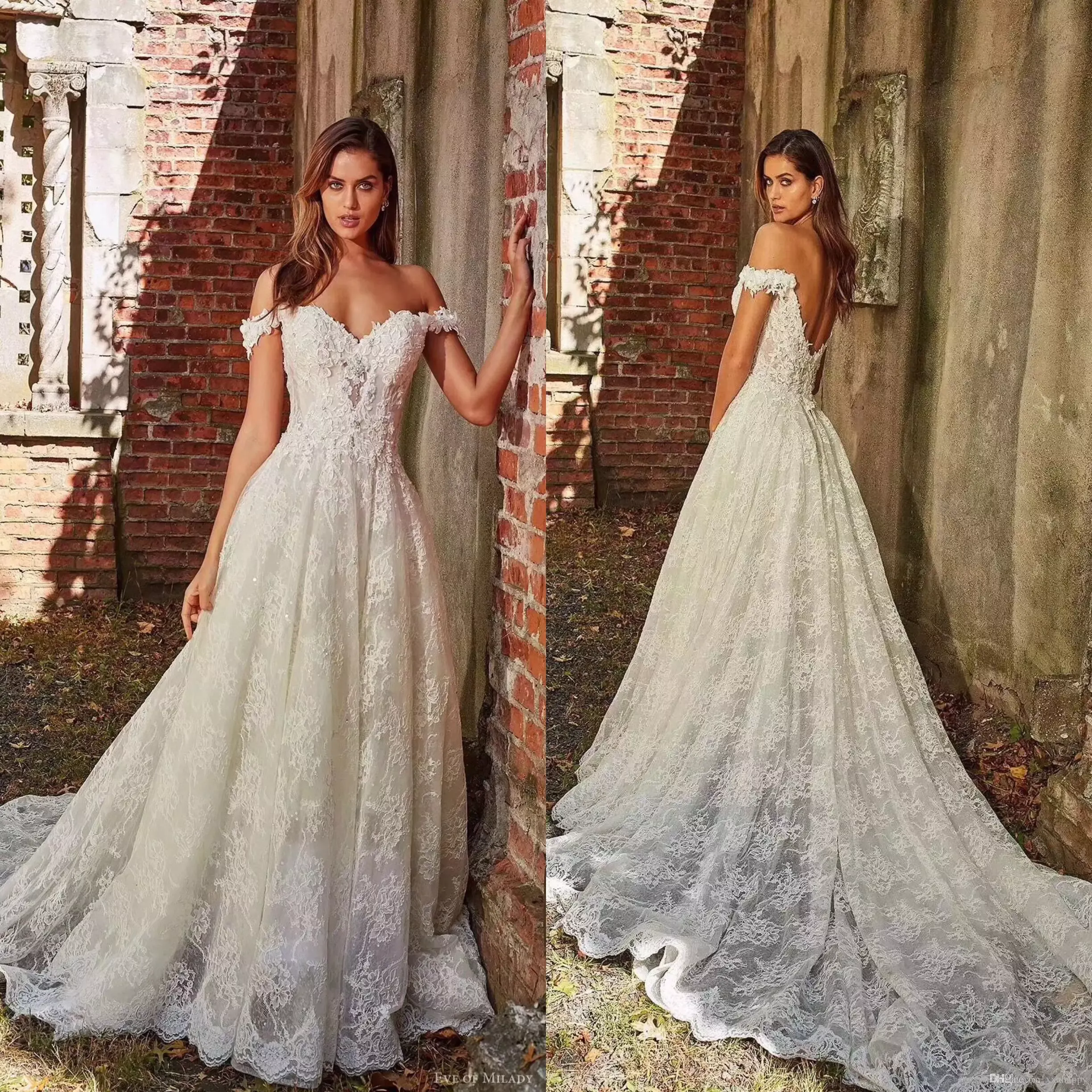 Abiti da sposa in pizzo con spalle scoperte e applique senza maniche Sweep Train Abiti da sposa lunghi Abiti da sposa sexy senza schienale su misura