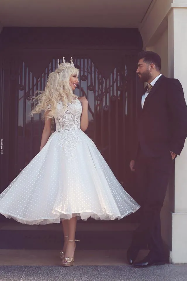 Disse Mhamad New Fashion A linha de vestidos de casamento Pérolas Alças Backless chá de casamento Comprimento do vestido vestidos de noiva vestido de novia