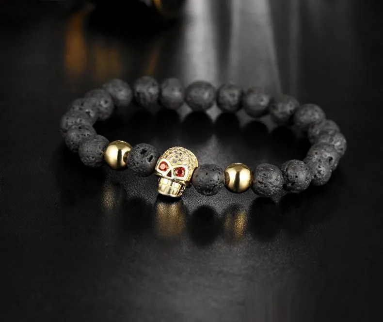 Nieuwe Mode 8mm Lava Stone Rode Ogen Diamond Skull Armband Reiki Healing Balancing Ronde Kralen Armband Unisex Gothic Armband