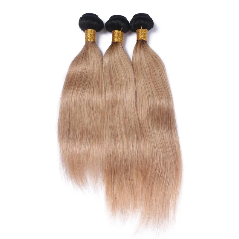 Straight 1b / 27 Dark Rooted Honey Blonde Ombre Virgin Brasilianska Human Hair Weaves 3 Bundle Deals With Lace Closure 4x4 Ombre Hair Extensions