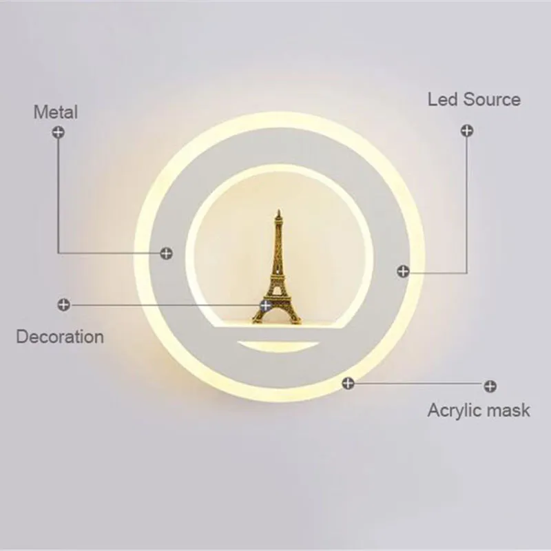 19W LED-wandlamp AC85-265V Muur MOUTED PARIJS Tower Wandlamp Acryl Ronde Indoor Decoratieve Lamp voor Slaapkamer Studie Foyer