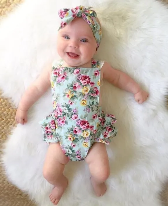 Mignon Floral Bébé Barboteuse 2018 Volants Dentelle Combinaison avec Bandeau Nouveau-Né Bébé Filles Vêtements Sunsuit Tenues Enfants Enfants Vêtements 0-24M