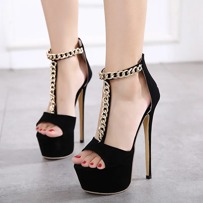 16cm spring fall T strappy gold chain ultra high heels platform dress shoes size 35 to 40