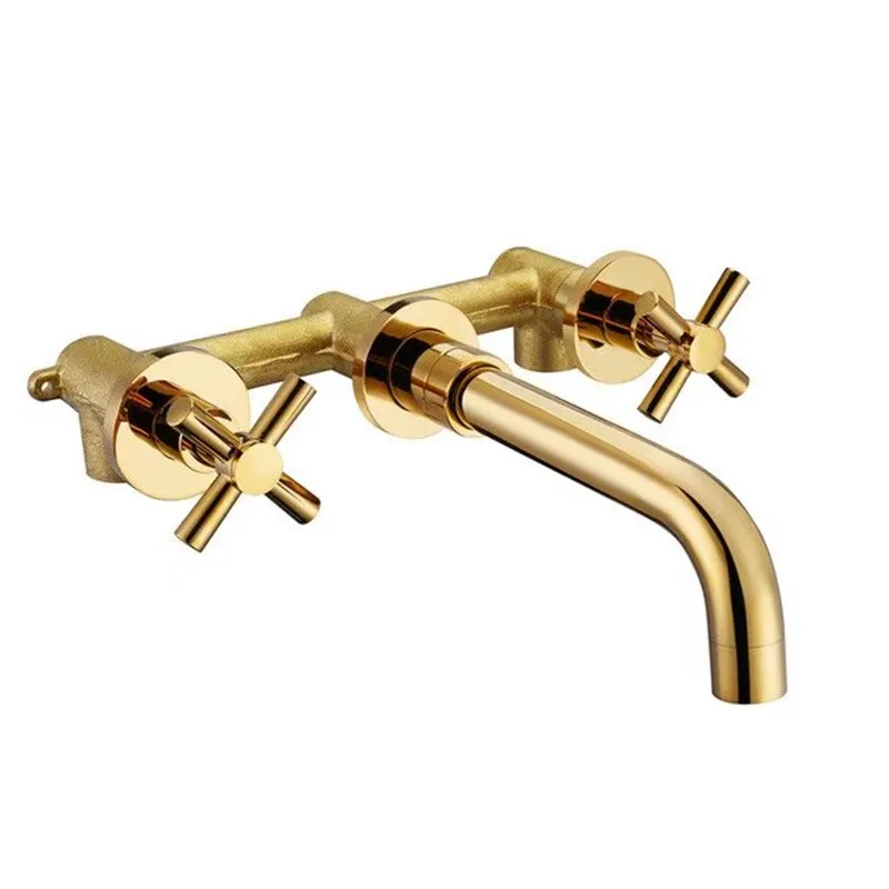 Gouden Basin Kraan Massief Messing Bouw Dubbele Handgrepen Muur Montage Badkamer Sink Kraan Mixer Set