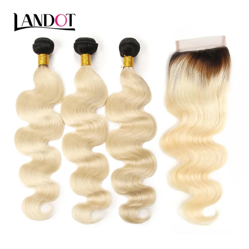 9a färg 1b / 613 ombre blond spets stängning med 3 buntar brasilianska jungfru mänskligt hår väver kroppsvåg peruanska malaysiska indiska remy hår