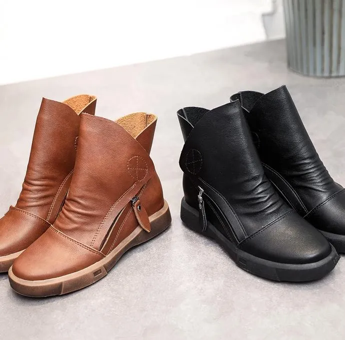 Ankle boots de couro para as mulheres saltos planas retro marrom à prova d 'água curto botas senhoras elegantes sapatos casuais de inverno mulher 2018