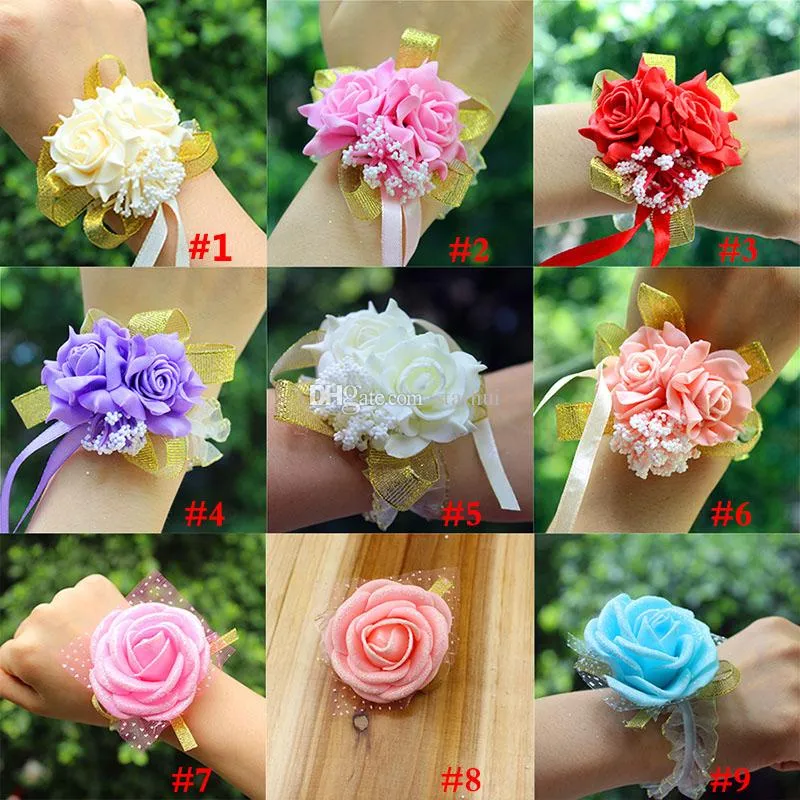 Nowe Sztuczne Kwiaty Dekoracje Ślubne Bridal Hand Flower Druhny Siostry Siostry Nadgarstek Corsage Foam Rose Symulacja Fałszywe kwiaty WX9-399