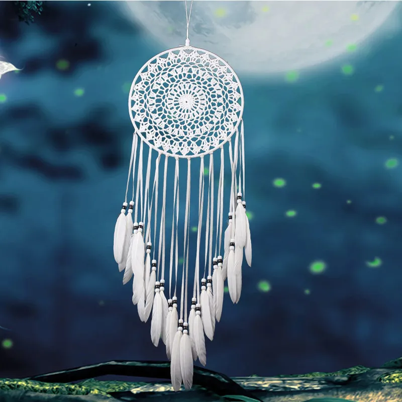 Nouveau Circulaire de receveur de rêve en dentelle fait à la main avec plumes murd décoration Ornement Craft Croched White Dreamcatcher WI4425833