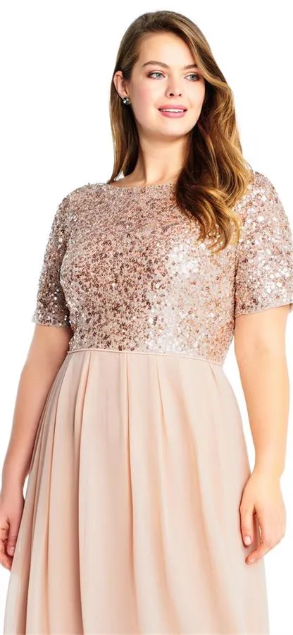 Blush Sequin Sequin top bridesmaid dresses with Short Sleeves, Chiffon Fabric, V-Back, and Floor Length - Perfect for Wedding Guests, Plus Size Maid