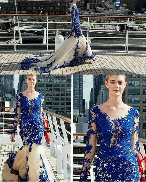 Elegant Sheer Royal Blue Appliques Mermaid Evening Dresses New O-Neck Sweep Tulle Long Sleeves Lace Women Evening Gowns Formal Prom Dresses