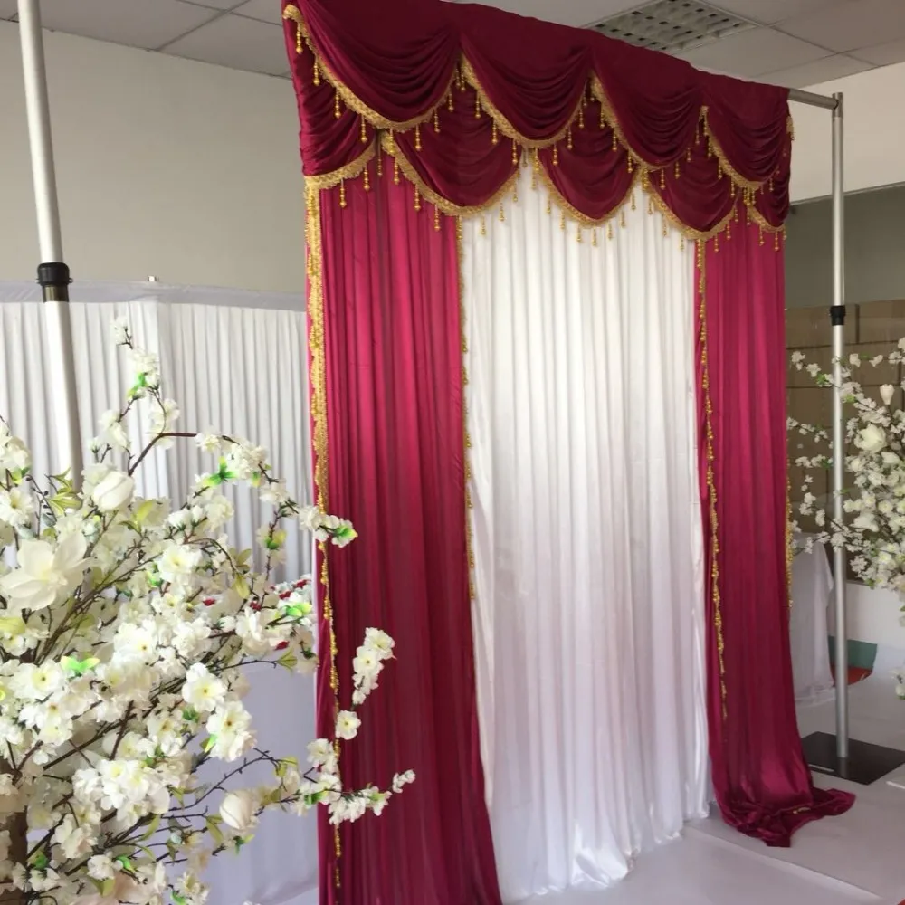 Cortina de fondo de seda de hielo blanco de 10 pies x 10 pies y cortinas de botín rojo vino con borlas doradas para decoración de fiesta de cumpleaños de boda 183P