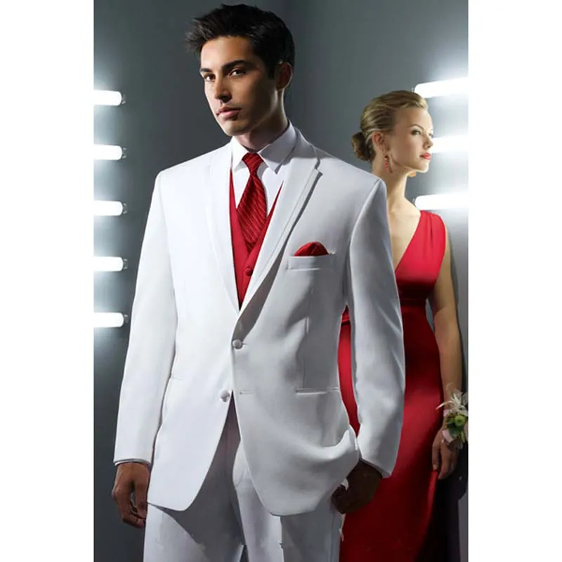 2017 Custom Tuxedos vita män bröllopsklättar skräddarsydda terno smal passform brudgum mens kostym med röd slips (jacka + byxor + slips + väst)