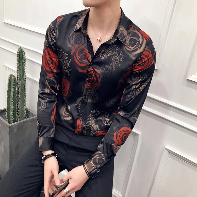 2018 Rose Print Floral Shirt Men Camisa Masculina Slim Fit Hawaiian Shirt Långärmad blommor Slim Fit Pron Club Party1259i