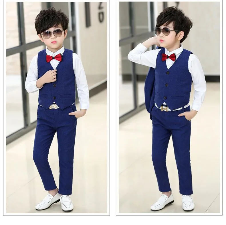 Boys Pinstripe Wool Blend Wedding Suit 3 Piece Custom Made Jacket Pants Tie Vest 2024