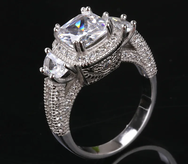 Vintage Damen 925 Sterling Silber Ringe Kissenschliff 2ct Diamonique Cz Verlobung Ehering Ring für Frauen Geschenk