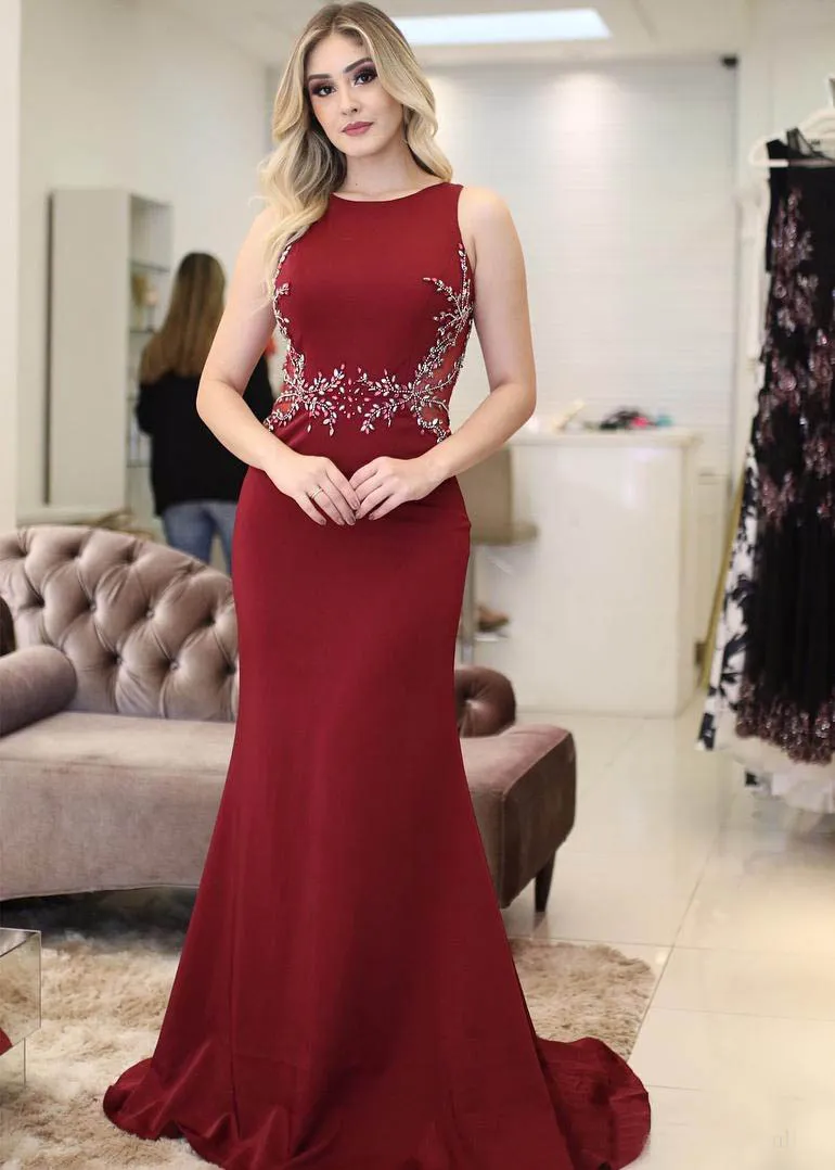Charming 2018 Dark Red Chiffon Mermaid Prom Dresses Long With Beads Crytals Illusion Waist Side Formal Party Gowns Custom Made EN2245