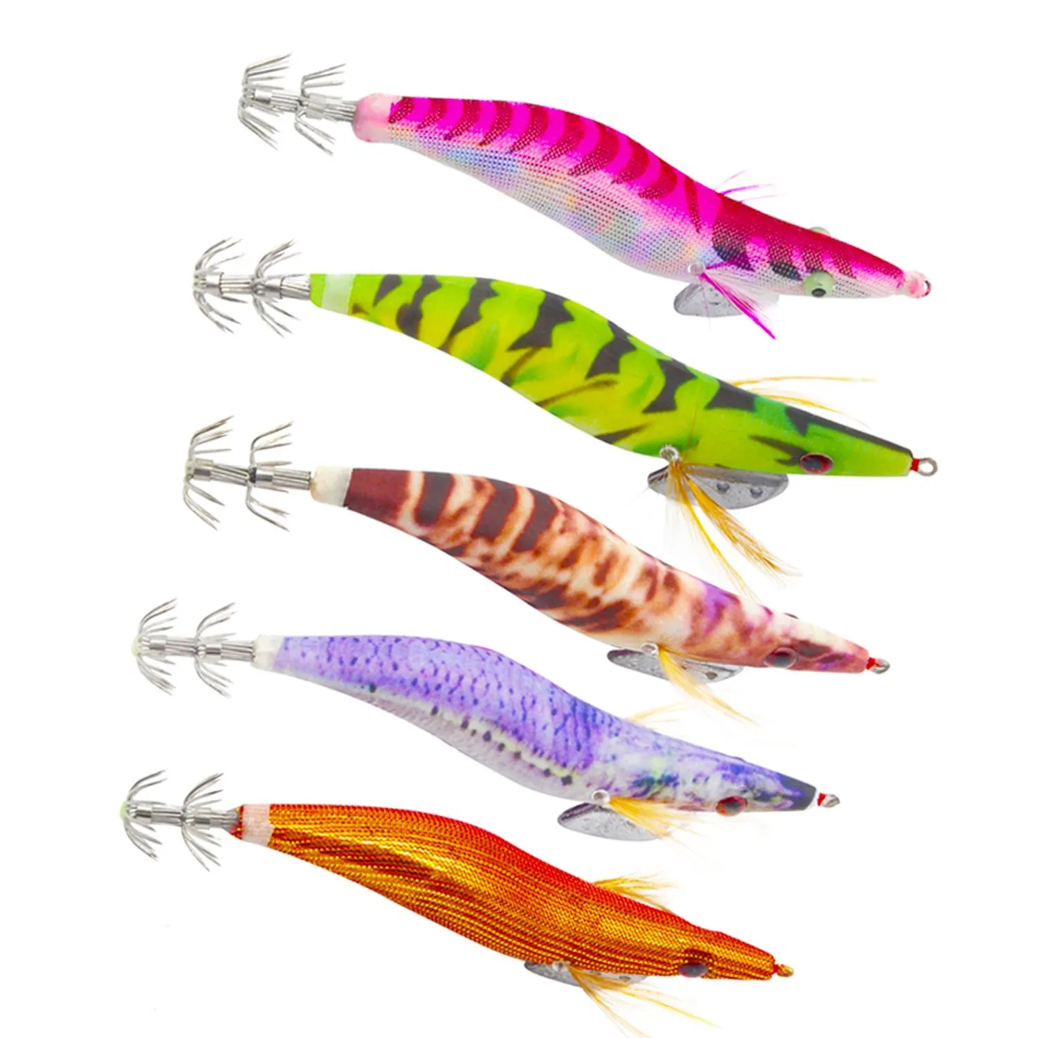 Venta al por mayor-10 piezas de plástico duro pulpo calamar Jigs señuelo color mezclado sepia cebo artificial camarones de madera con anzuelos de calamar