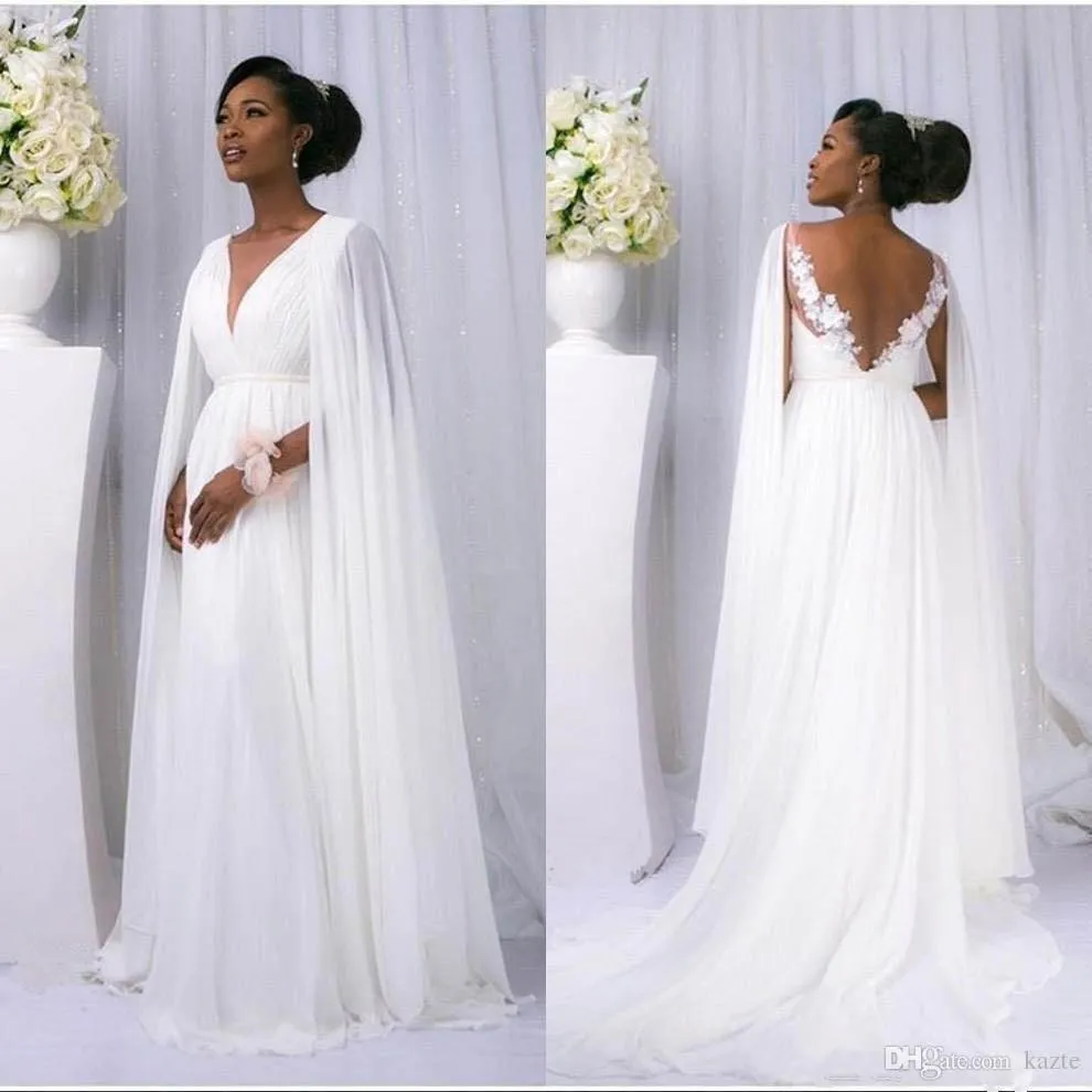 white A-Line Wedding Dresses with Cape 2019 Modest Chiffon V-neck Summer Holiday Boho Seaside custom made Africa Wedding Bridal Gowns