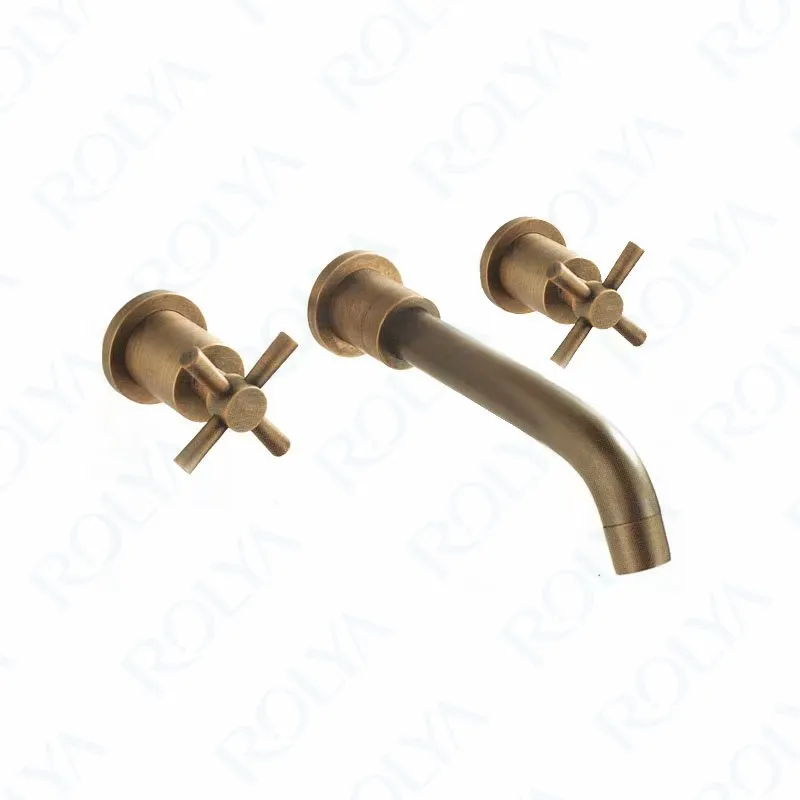 Vintage Castle Antique Brass Bathroom Faucet Dual Cross Handles Wall Mounting Solid Copper Old Style Basin Faucet Tap Set