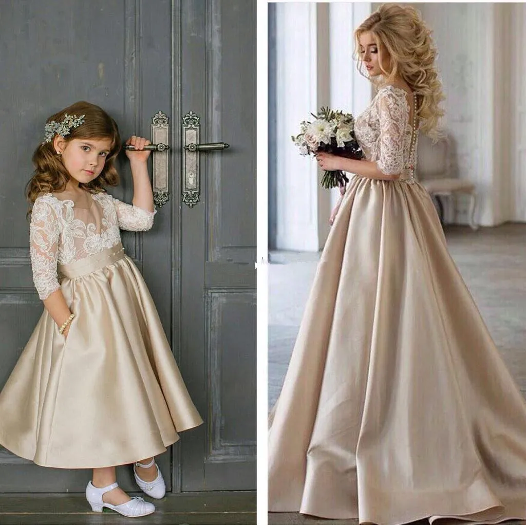 2018 Flower Girls Sukienki Sheer Neck Szampana Kostka Długość 3/4 Rękawy Ilusion Lace Aplikacje Satin Birthday Party Girls Pagewne Suknie