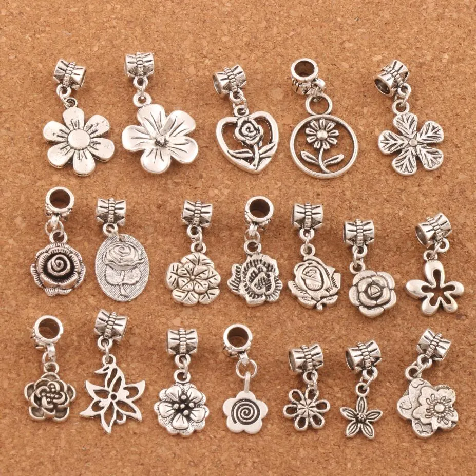 190pcs /ロットの花のぶら下げ合金巨根ルーズビーズチベットシルバーフィットヨーロッパのチャームブレスレットジュエリーBM55 LZシルバー