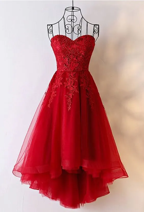 Plus Size High Low Evening Dresses, Red Lace Strapless Prom Dress