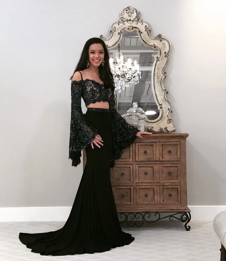 Long Black Two Piece Mermaid Prom Dress with Spaghetti Straps and Beaded  Lace Evening Gown from Dhgate Prom Dresses - price 210.78