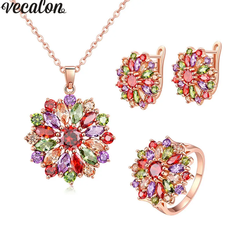 Vecalon nouveau Style de fleur multi couleurs 5A Zircon Cz or Rose rempli collier boucle d'oreille bague ensemble de bijoux pour les femmes