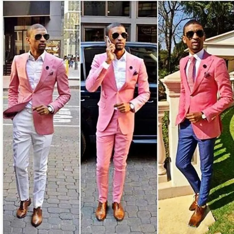 Bescheiden goedkope mannen pak roze een knop bruidegom pakken heren groomsmen slim fit beste man prom celebrity bruidegom smoking goedkoop (jas + broek)