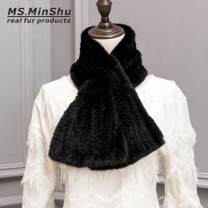 Hand Knitted Mink Scarf Short Fashion Real Fur Scarf Wraps Woven Women Neck Warmer Luxury Mink Shawl Winter Short Scarf Collar