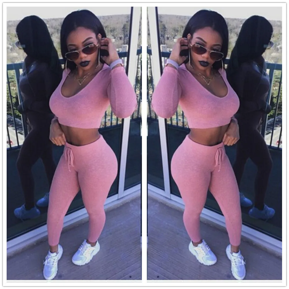 EUR Fashion Sexy Crop Top med Leggings Byxor 2 st  Set Solid Stickade High Hip Clothing Tracksuits