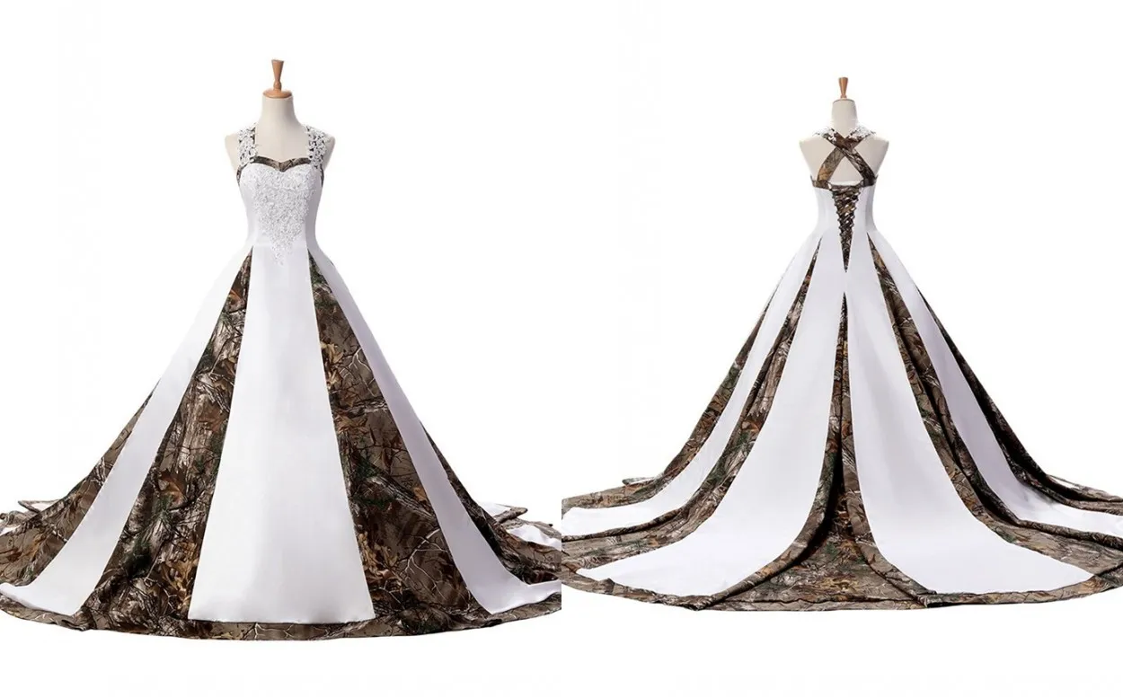 Modernes Camo-Hochzeitskleid in Übergröße für Damen mit Trägern, einzigartiger Rücken, Designer-Korsett, Hofschleppe, Satin-Applikation, Spitze, günstige Brautkleider